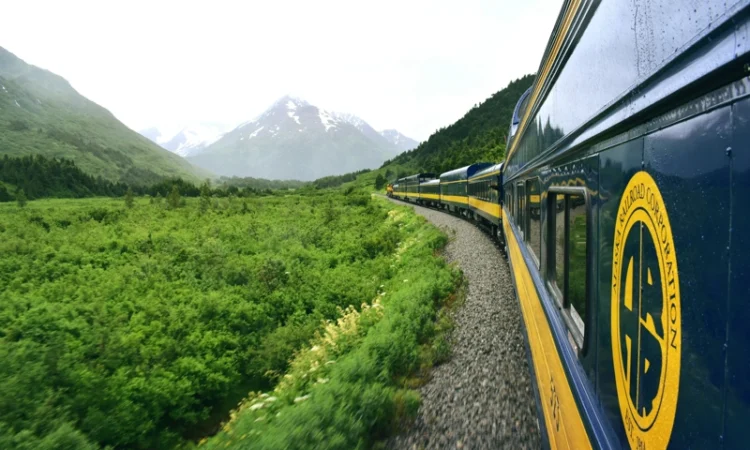 A train near mountains
