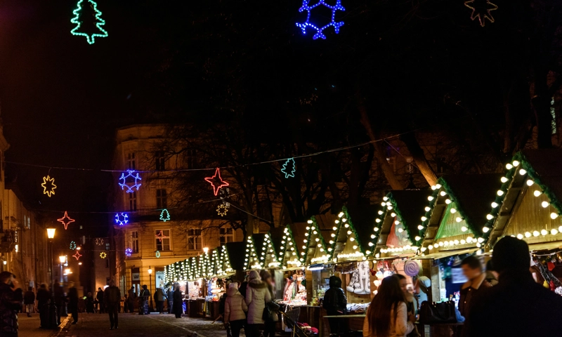 A street decorated for Christmas