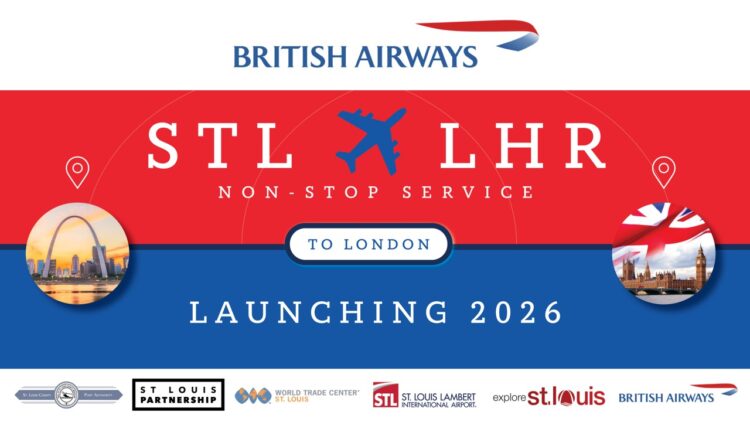 Promo image for STL to LHR flight. Bottom text says "Launching 2026"