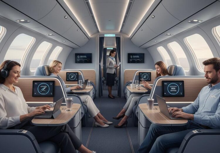 "create an image of a modern airplane interior with passengers comfortably using laptops, tablets, and smartphones while connected to high-speed in-flight wifi. The scene should depict a relaxed atmosphere with passengers enjoying seamless connectivity. The airplane should have sleek, contemporary design elements, and the wifi interface should show a high-speed connection, symbolizing starlink wifi. The cabin should feel spacious and bright, with natural light filtering through large windows, and a sense of convenience and luxury in the air travel experience. "