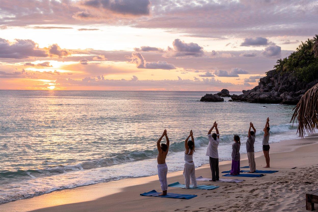 An elegant, serene wellness resort in mexico, with luxurious spa treatments, tranquil beach views, and lush natural surroundings. Guests enjoying yoga and meditation on a sunlit terrace, with modern wellness facilities like hot tubs, massage rooms, and rejuvenating wellness therapies, capturing the essence of relaxation and luxury. "