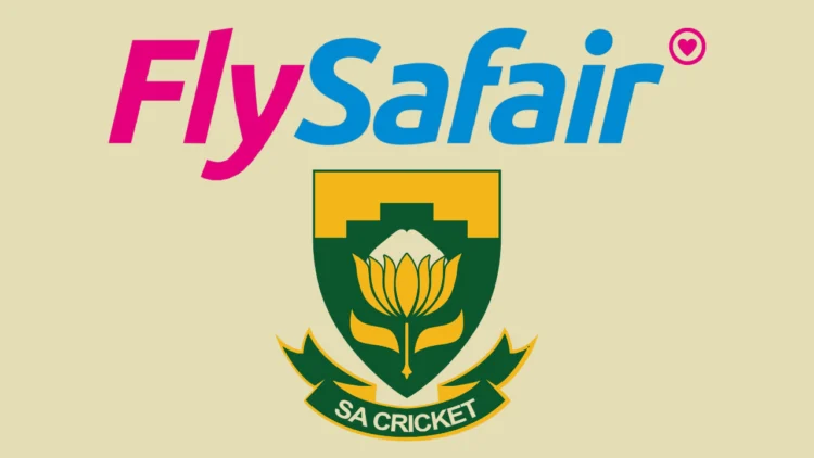 FlySafair airline logo displayed above the official Cricket South Africa (CSA) emblem on a light yellow background, indicating a possible partnership or sponsorship.