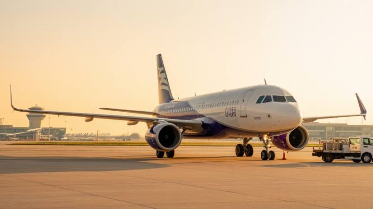 A modern wizz air airbus a320 aircraft on the tarmac at an airport during sunset, with its distinctive purple and white livery. The plane is being serviced, with a ground vehicle approaching to load cargo. The airport control tower and several parked planes are visible in the background