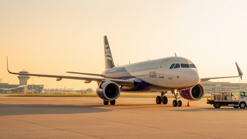 A modern wizz air airbus a320 aircraft on the tarmac at an airport during sunset, with its distinctive purple and white livery. The plane is being serviced, with a ground vehicle approaching to load cargo. The airport control tower and several parked planes are visible in the background