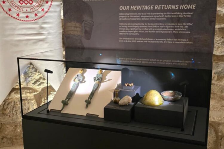 Artifacts returned from Switzerland are displayed under the title “Our Heritage Returns Home” at Bodrum Castle, Türkiye, Oct. 7, 2025. (Photo via Ministry of Culture and Tourism)