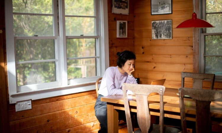Person sitting at table on computer in cabin.