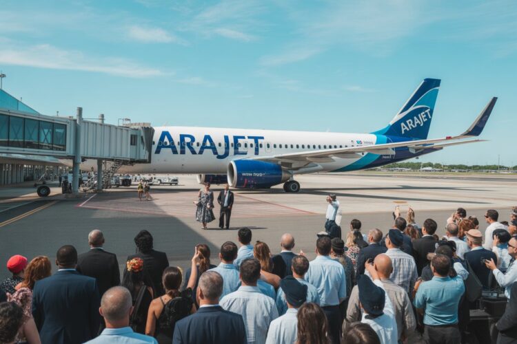A vibrant image of arajet&rsquo;s inaugural flight from santo domingo arriving at boston logan international airport, with passengers disembarking and a welcoming ceremony. The image should feature arajet&rsquo;s branding, airport activity, and the excitement surrounding the new route.