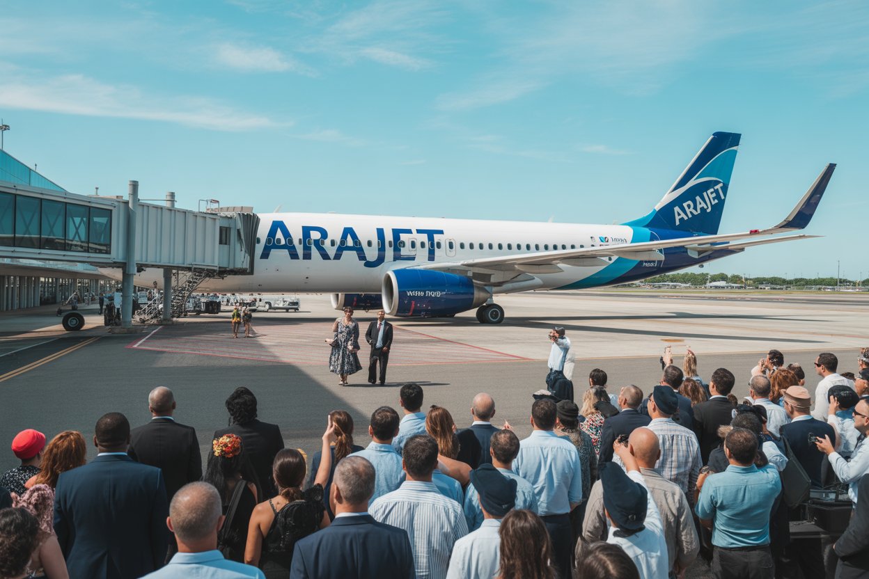 A vibrant image of arajet&rsquo;s inaugural flight from santo domingo arriving at boston logan international airport, with passengers disembarking and a welcoming ceremony. The image should feature arajet&rsquo;s branding, airport activity, and the excitement surrounding the new route.