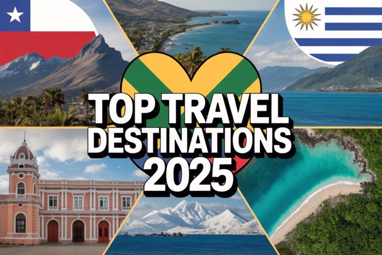 "a dynamic collage of chile, jamaica, colombia, uruguay, and the virgin islands, featuring iconic landmarks like chile's andes mountains, jamaica&rsquo;s beaches, colombia&rsquo;s cartagena old town, uruguay&rsquo;s snowy peaks, and the virgin islands&rsquo; turquoise waters. The collage should include flags of each destination and a bold, eye-catching text overlay saying 'top travel destinations 2025'. "