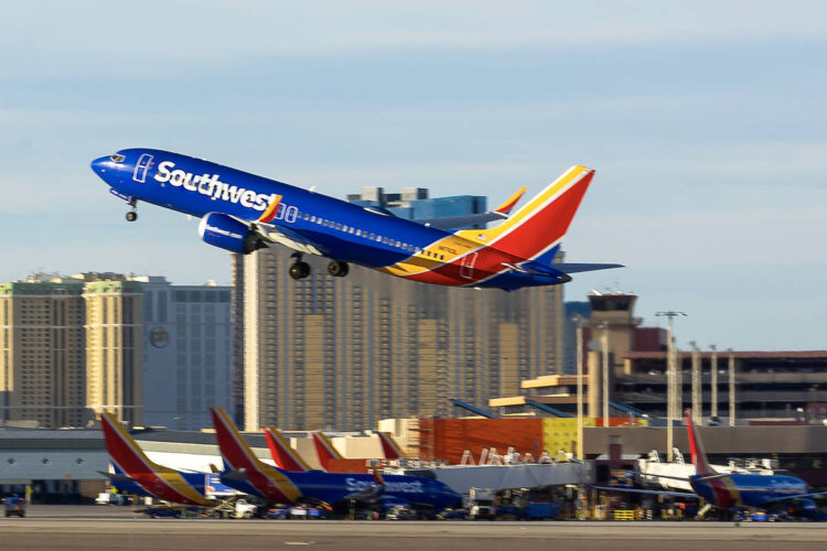 A Southwest Airlines plane takes off at Harry Reid International Airport Wednesday, Nov. 5, 202 ...