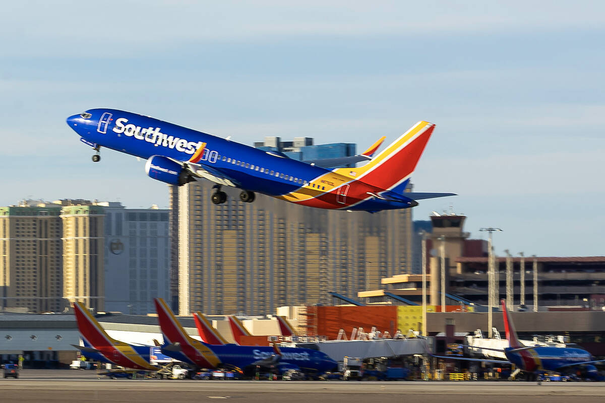 A Southwest Airlines plane takes off at Harry Reid International Airport Wednesday, Nov. 5, 202 ...