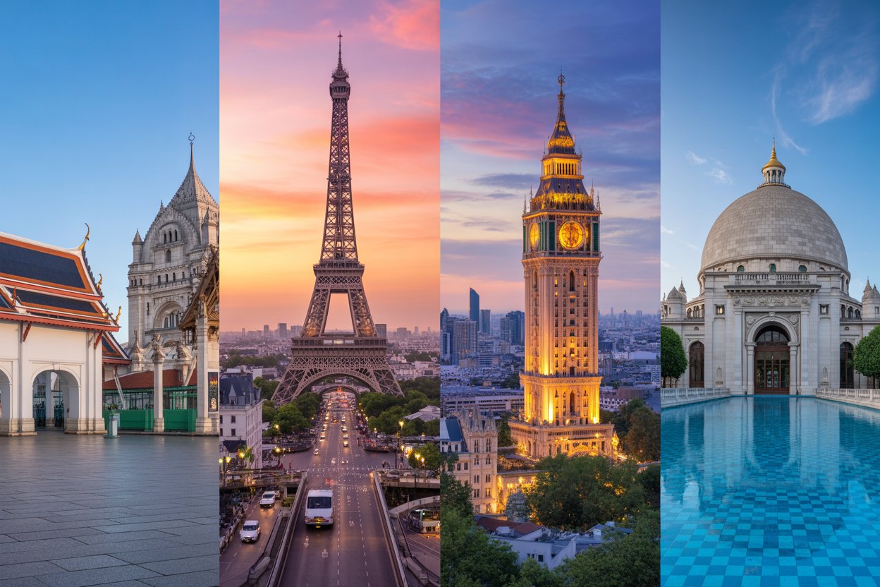 A collage featuring bangkok, paris, london, and mecca with their iconic landmarks overlaid. Design: make it visually engaging with vibrant colors, no logos, and ensure the images are seamlessly blended to reflect the global tourism theme.