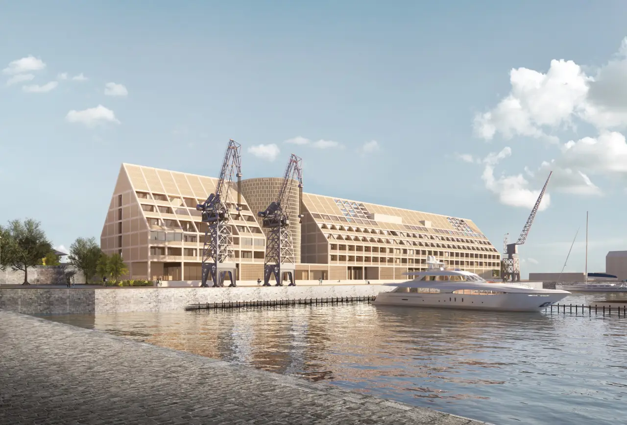 Architectural rendering of The Cape Town EDITION hotel at the V&A Waterfront with marina and yachts