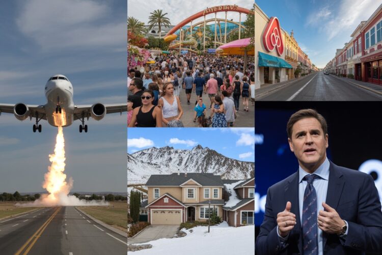 "a collage overlay image combining all the key stories of the week: a plane performing an emergency landing with flashing lights, the vibrant theme park in mexico filled with families enjoying rides, a row of airbnb vacation rentals in florida, homes for sale in a snowy nevada neighborhood, and mark cuban speaking at a business event. The collage should be dynamic, with each story represented in a distinct but harmonious way, using a seamless blend of realistic and vibrant visuals to capture the week's major news. "