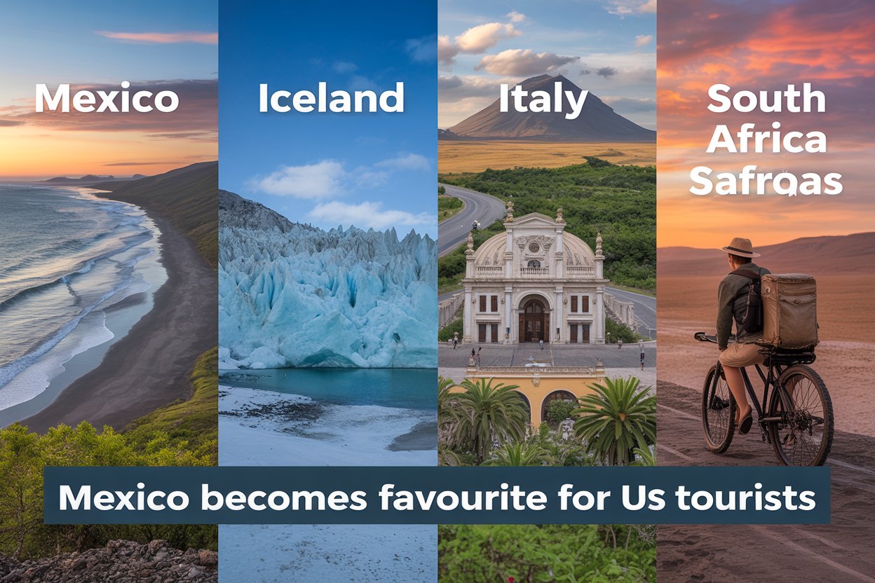 "a stunning collage featuring mexico&rsquo;s beaches, iceland&rsquo;s glaciers, italy&rsquo;s historical sites, and south africa&rsquo;s safaris, with vibrant colours, landscapes, and tourists experiencing the culture and adventure. The image should blend these diverse destinations seamlessly, evoking a sense of global exploration and wanderlust. " ratio: 3:2. On the image a banner write up "mexico becomes favourite for us tourists"