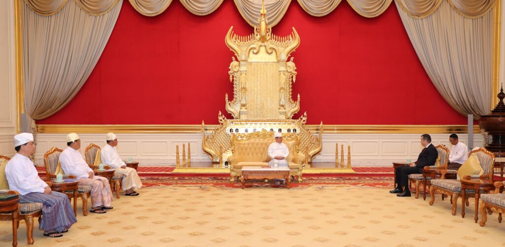 Acting President of the Republic of the Union of Myanmar and State Security and Peace Commission Chairman Senior General Min Aung Hlaing receives Algerian Ambassador to Myanmar Mr Azeddine Bechka at the Credentials Hall of the Office of the National Defence and Security Council in Nay Pyi Taw yesterday.