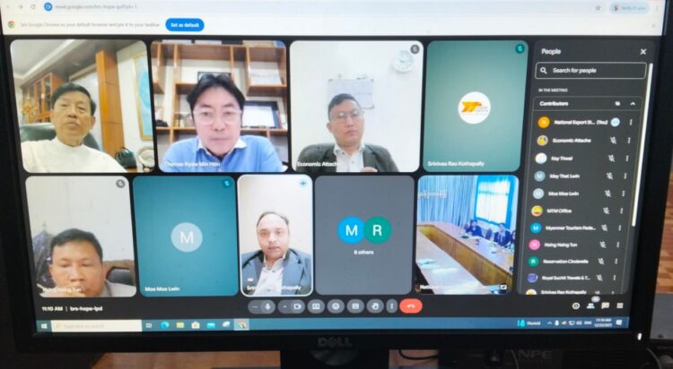 This image shows the first Myanmar-India Tourism Promotion Coordination Meeting held in a hybrid format on 23 December 2025.