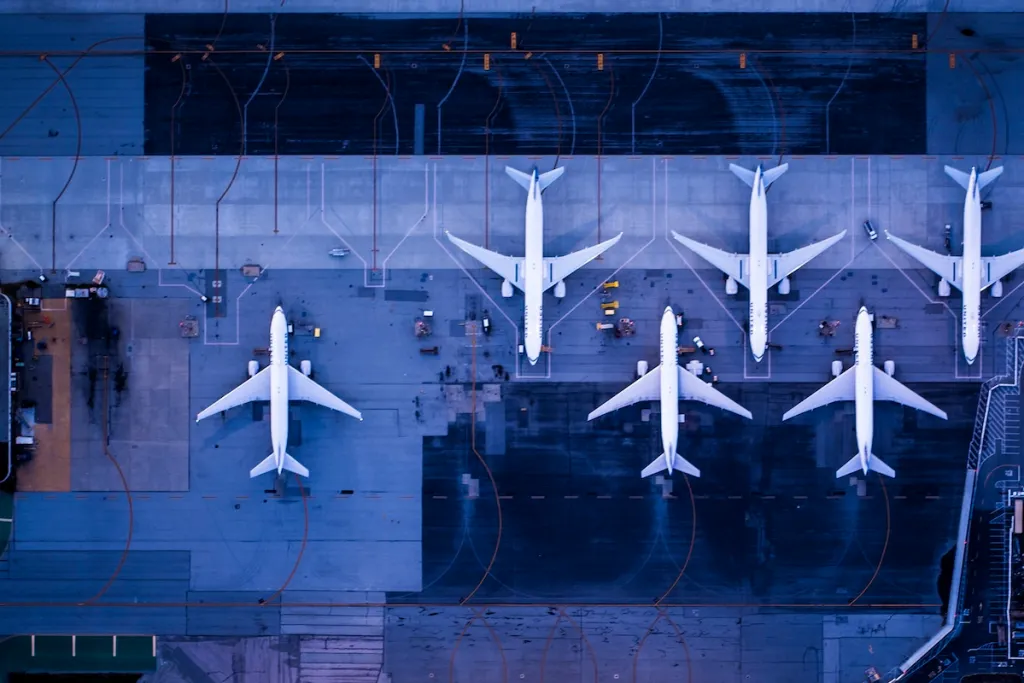 Overhead view of planes on a tarmac with a blue background.