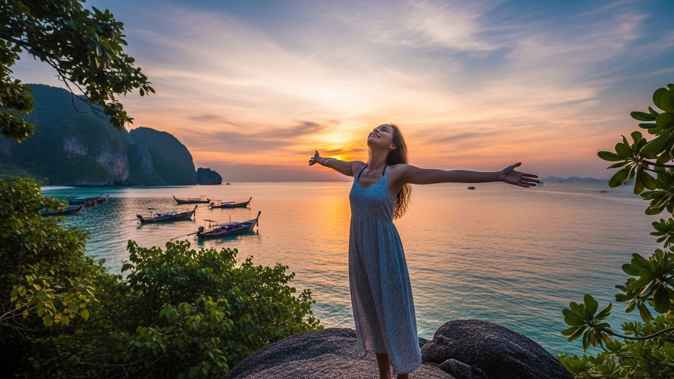 A young woman in Thailand filled with joy as the sun sets