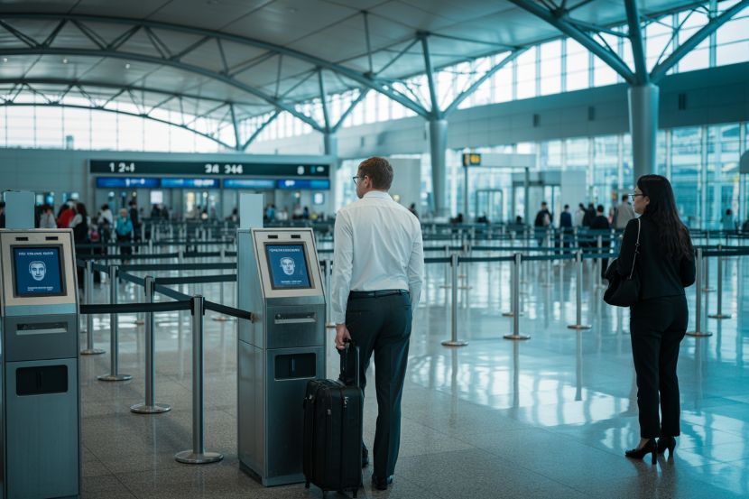 Automated biometric kiosk in airport immigration area