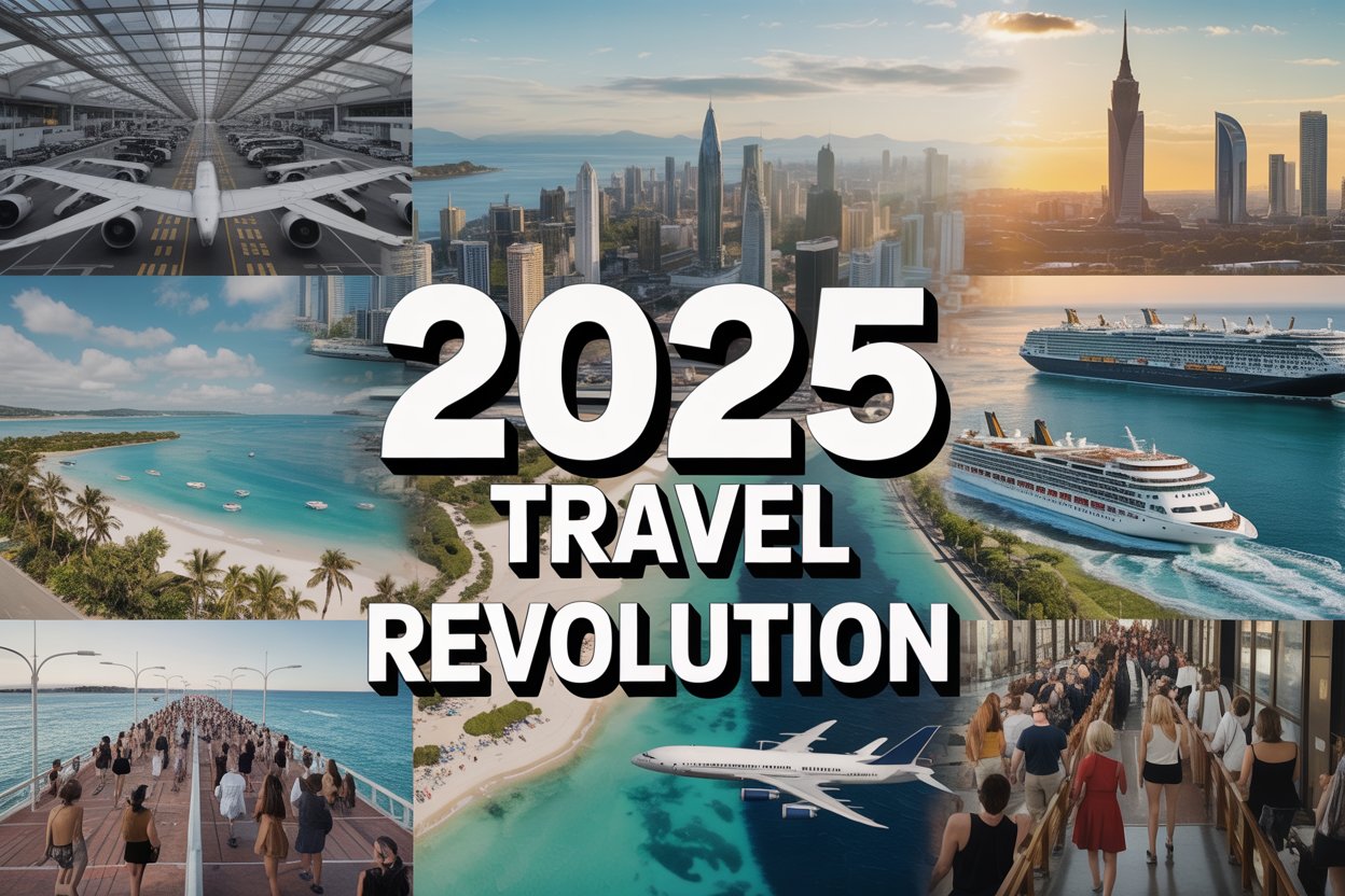 A dynamic composite featuring images of iconic global destinations such as bustling airports, tropical beaches, luxury cruises, cityscapes, and crowded streets, all overlayed with compelling stats and bold headlines to represent the 2025 travel revolution.