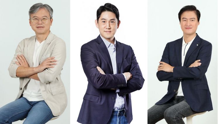 (From left) Junyoung Lee, CEO of Yanolja Cloud; Cheolwoong Lee, CEO of Nol Universe; Chanseok Choi, CEO of Yanolja Holdings <br>[Photo by Yanolja]