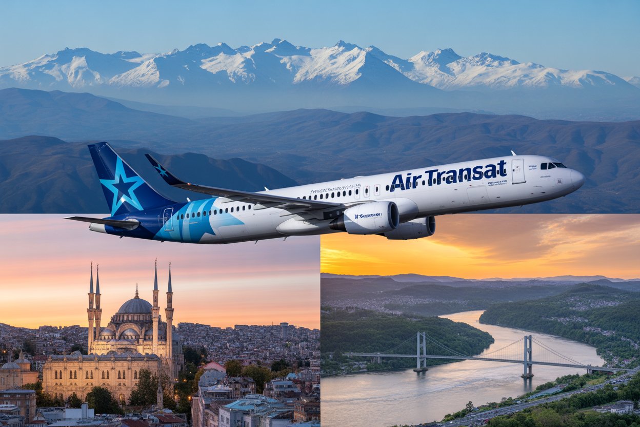 A dynamic and visually striking composite featuring air transat’s aircraft flying over the andes mountains, with the cityscape of istanbul and the demera river in georgetown in the background, symbolizing the connection between these two exciting destinations. Ratio 3:2.