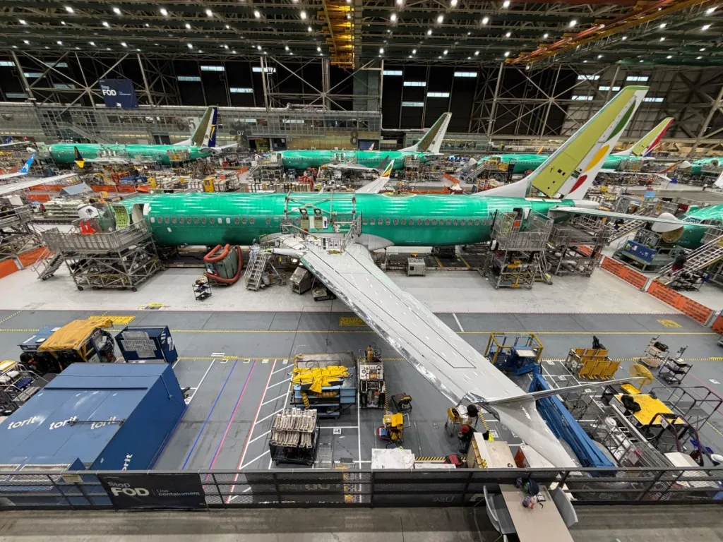 An overview of the assembly line for the 737 Max at Boeing's Renton facility.
