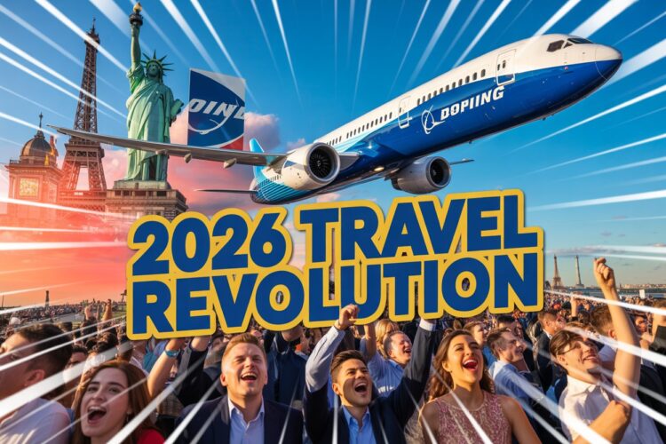 Create a dynamic and engaging youtube thumbnail that blends all key elements of the travel story. The thumbnail should feature a high-energy collage of a dreamliner soaring through the sky, two airline logos merging, an aircraft in front of global landmarks like the statue of liberty and the eiffel tower, and an excited crowd enjoying a luxury event. Add impactful, bold text like “2026 travel revolution” to make it visually striking. The composition should have a sense of motion and excitement, using vivid colors and sharp contrasts to draw attention.