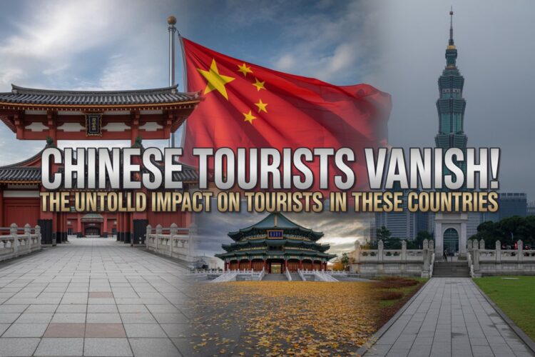 A dramatic image of empty landmarks and popular tourist spots in japan, malaysia, south korea, taiwan, and thailand, with china’s flag in the background, symbolizing the decline in chinese tourism. Overlay text: "chinese tourists vanish! The untold impact on tourism in these countries. "