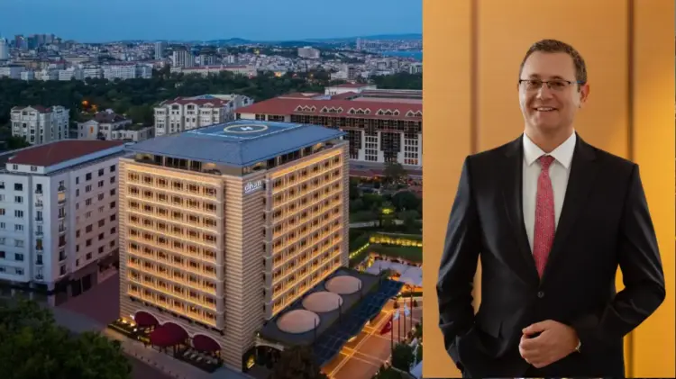 Split image showing a Divan Group hotel exterior at dusk in Istanbul alongside a portrait of a male business executive in a suit standing indoors.