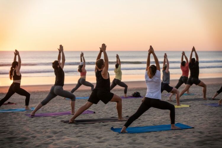 Yoga classes on huntington beach are part of wellness month, offering visitors a relaxing experience by the sea