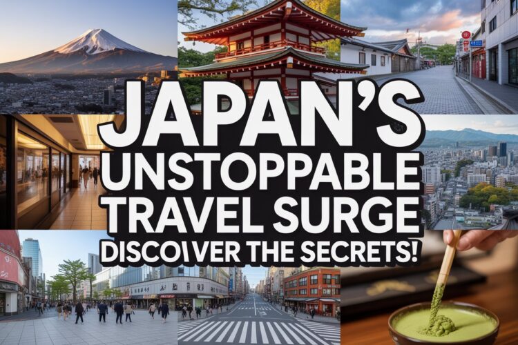 Dynamic and impactful collage of iconic japanese landmarks - combine images of japan’s famous landmarks like mount fuji, the shibuya crossing, a matcha cafe, and a traditional tea ceremony, with bold, eye-catching text overlays that say, “japan’s unstoppable travel surge: discover the secrets! ” the thumbnail should have a bright, high-energy color palette, creating a sense of urgency and excitement for the video.