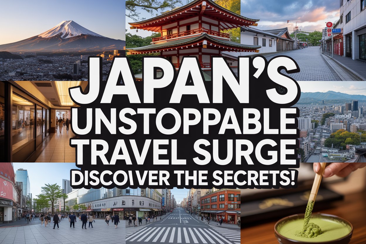 Dynamic and impactful collage of iconic japanese landmarks - combine images of japan’s famous landmarks like mount fuji, the shibuya crossing, a matcha cafe, and a traditional tea ceremony, with bold, eye-catching text overlays that say, “japan’s unstoppable travel surge: discover the secrets! ” the thumbnail should have a bright, high-energy color palette, creating a sense of urgency and excitement for the video.