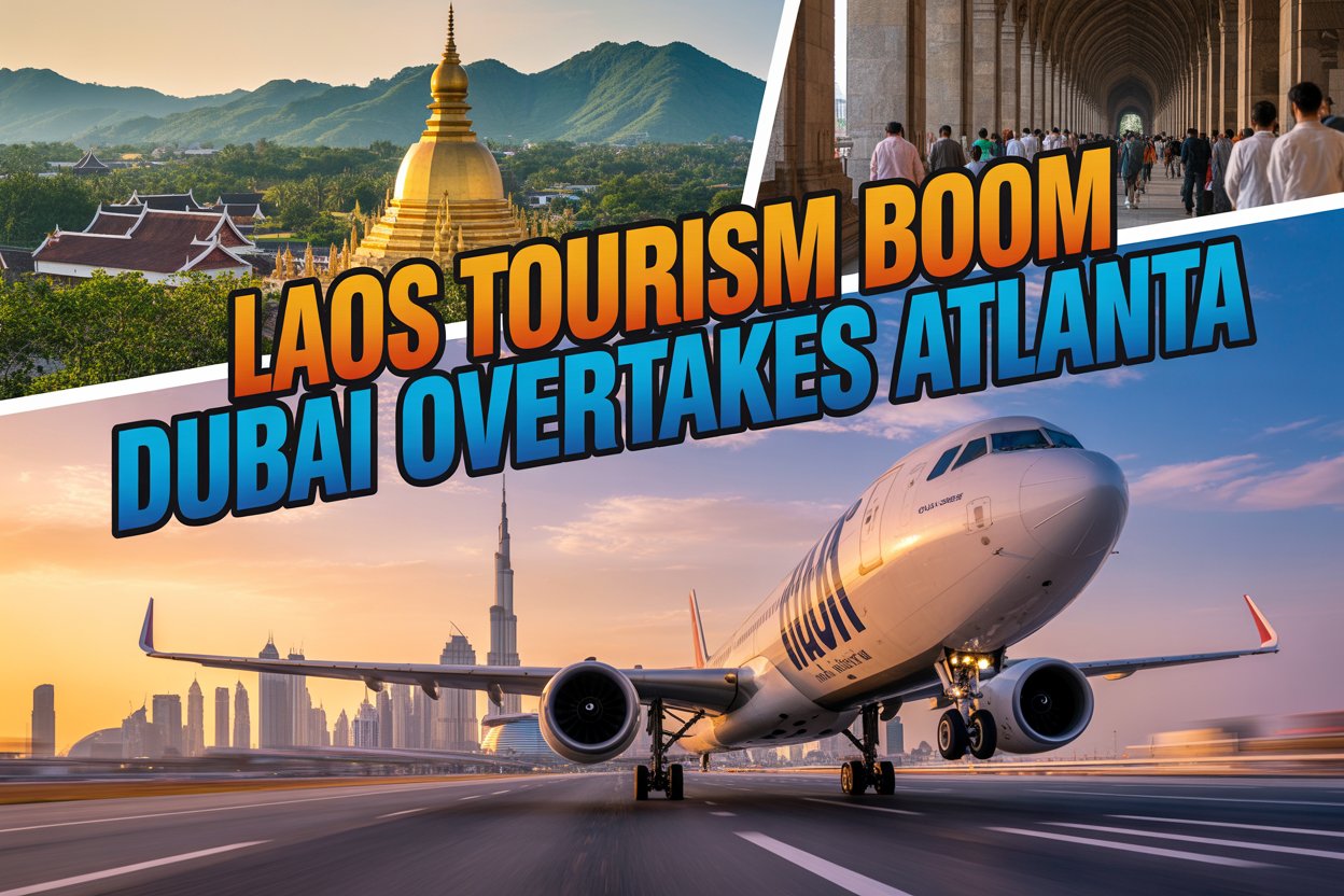 Design a dynamic and visually striking youtube thumbnail that combines elements from both laos and dubai. In the foreground, include a sleek airplane taking off from dubai international airport, symbolizing the shift in global aviation dominance. In the background, feature the picturesque landscapes of laos, with tourists exploring temples and lush greenery. Add bold, impactful text like “laos tourism boom” and “dubai overtakes atlanta” with a mix of vibrant colors, capturing the excitement and global significance of these changes. The composition should create a sense of motion and urgency, encouraging viewers to click.
