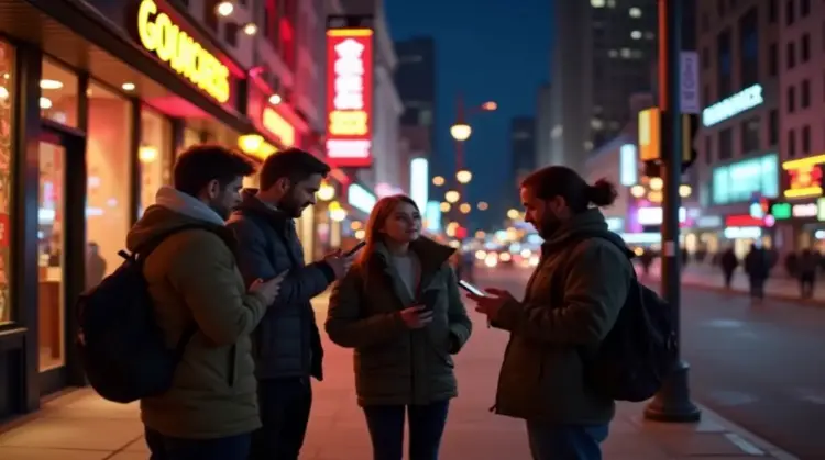 Group of friends standing on a city street at night, checking smartphones under bright storefront lights and neon signs.