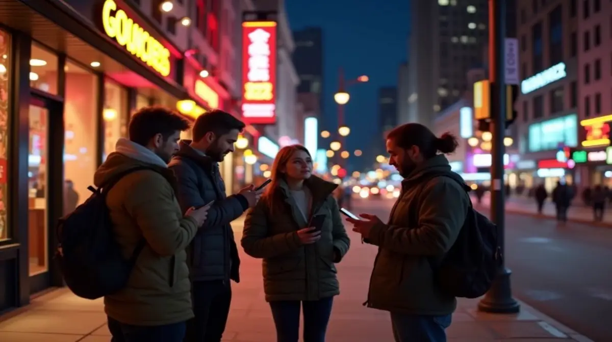 Group of friends standing on a city street at night, checking smartphones under bright storefront lights and neon signs.