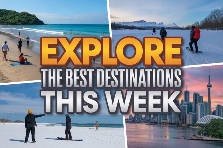 "a dynamic composite of a tropical beach in brazil, an icy winter wonderland in finland, and the iconic skyline of toronto. Tourists are seen in each location enjoying different experiences: surfing, snowboarding, and sightseeing. The image is layered with text: ‘explore the best destinations this week’ in bold, exciting font. Bright colors are used to make each scene pop, and the overall image conveys a sense of adventure and exploration without any logos. "