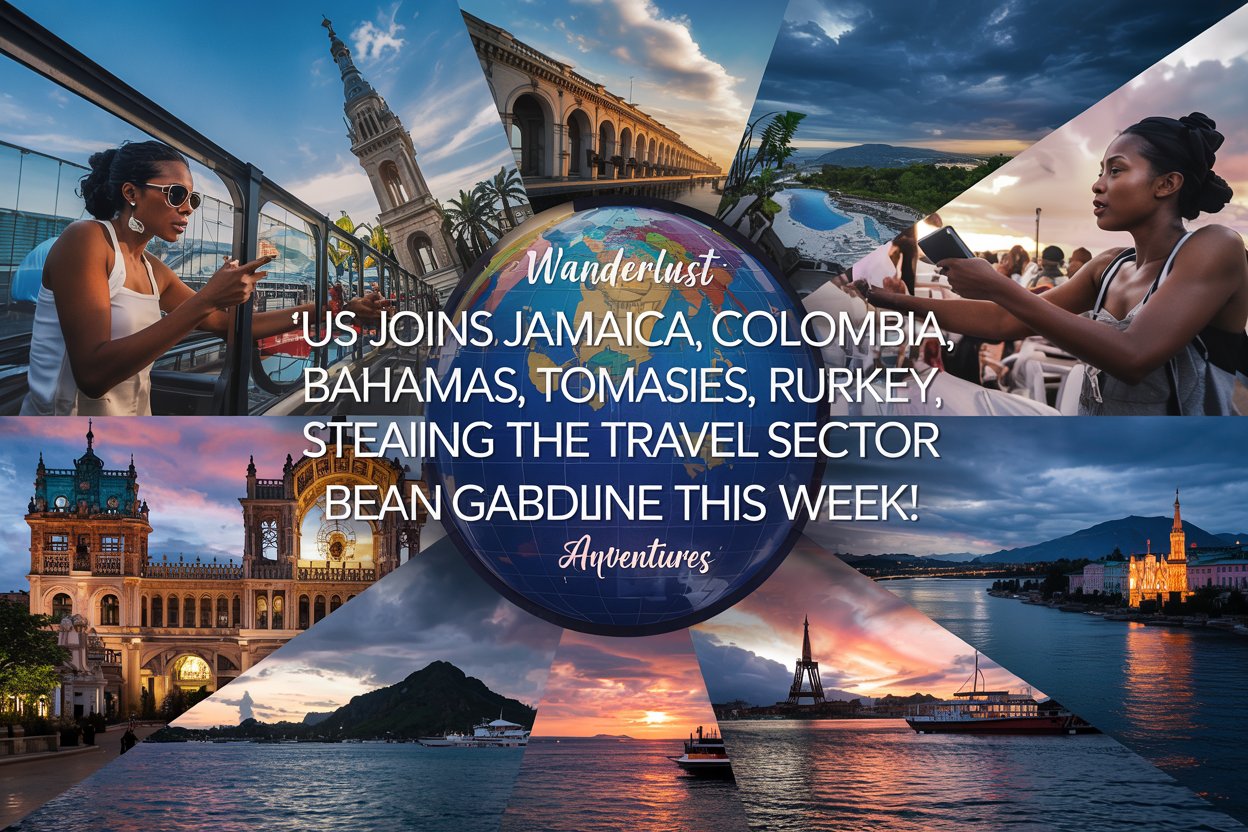 "a dynamic, high-energy collage showcasing the iconic landmarks of the us, jamaica, colombia, bahamas, russia, turkey, france, and germany, with travelers exploring these destinations in the background, and bold text overlay reading ‘us joins jamaica, colombia, bahamas, russia, turkey, france, and germany stealing the travel sector headline this week! ’ in impactful, modern typography. "