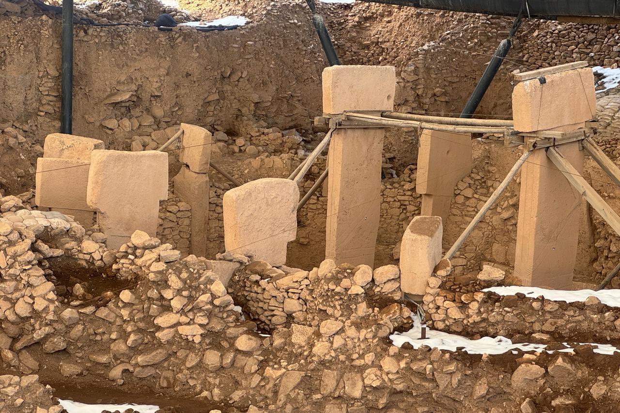 T-shaped limestone pillars uncovered at Gobeklitepe are seen during ongoing conservation and excavation works at the prehistoric site in southeastern Türkiye. (AA Photo)