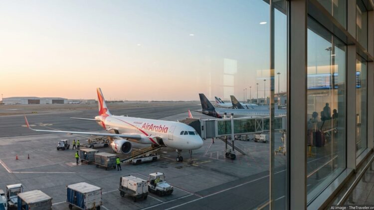 Air Arabia jet at Sharjah Airport gate at sunrise with European-bound aircraft in the background.