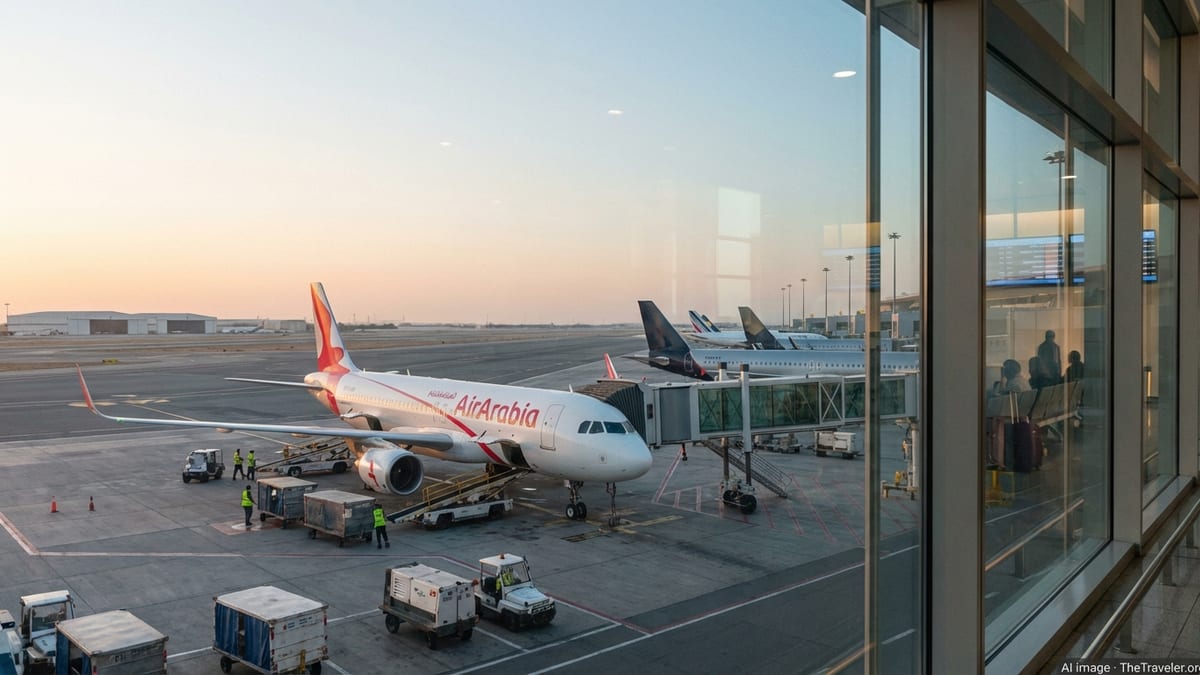 Air Arabia jet at Sharjah Airport gate at sunrise with European-bound aircraft in the background.