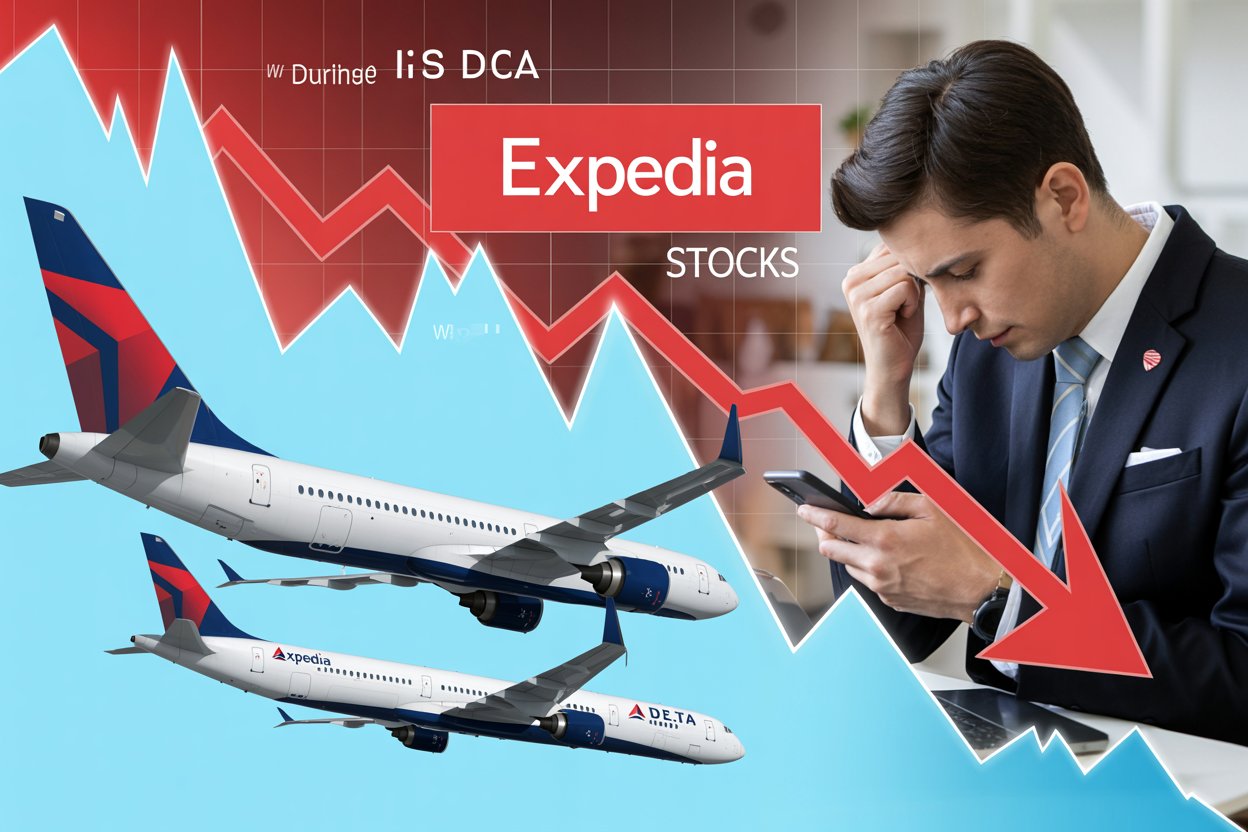 A dynamic overlay image showing delta air lines planes, expedia’s website in red, downward trending stock graphs, and a dejected businessperson staring at their phone, creating a dramatic, eye-catching thumbnail that showcases the devastating fall of us tourism stocks.