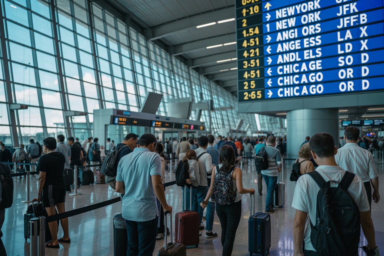A busy airport terminal in the us with travelers from around the world queuing at check-in counters, vivid lighting, modern architecture, and bright colorful signage displaying flight information to major us cities.