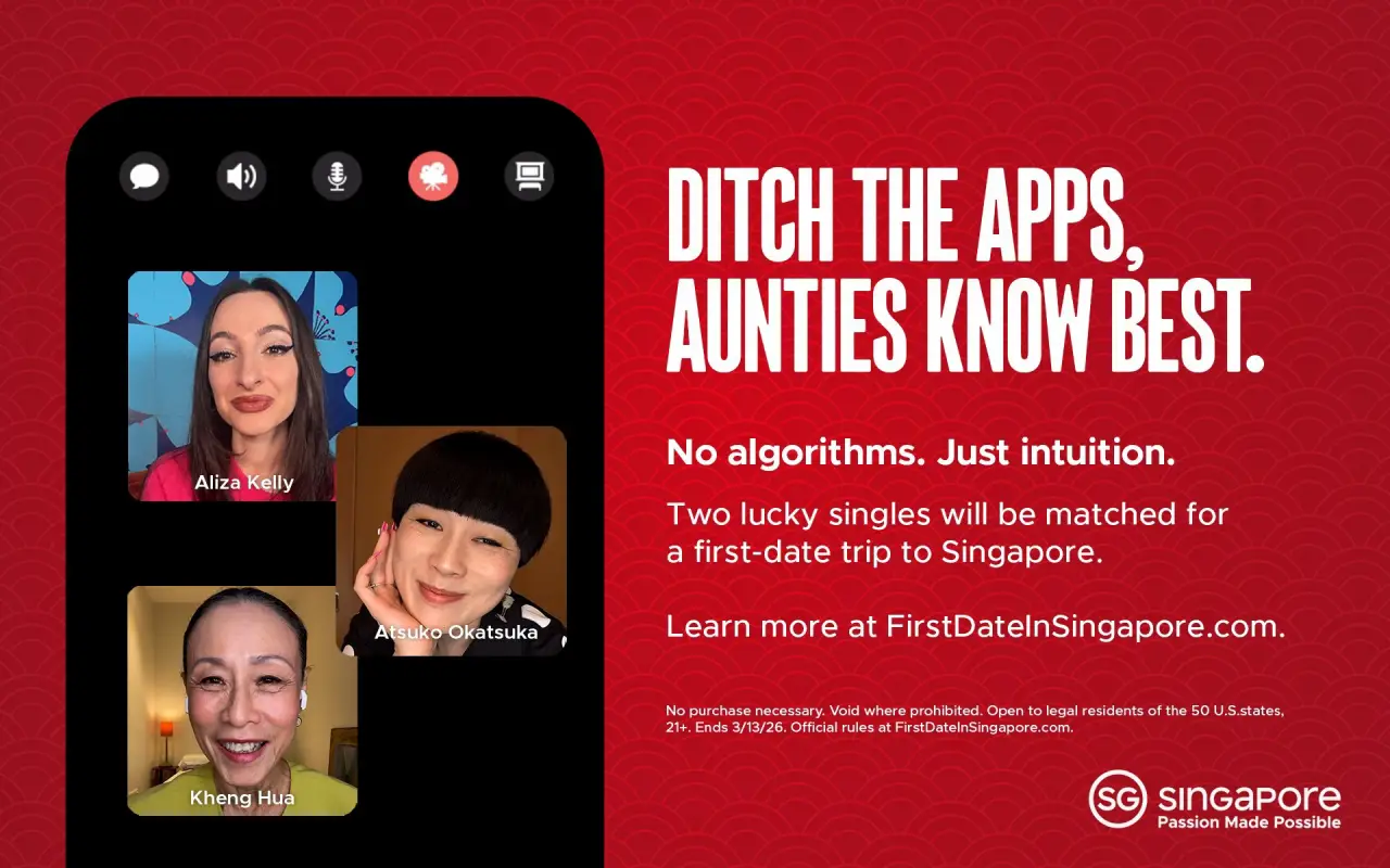 Promotional graphic for Singapore Tourism Board’s Aunties Not Algorithms matchmaking contest featuring three celebrity aunties on a video call and campaign slogan