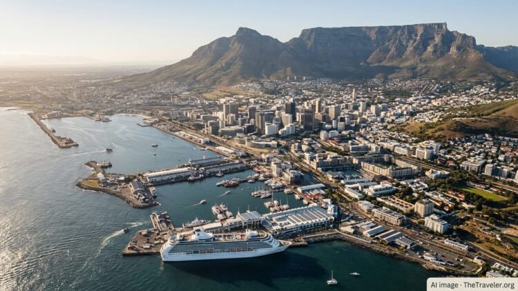 Aerial view of Cape Town with Table Mountain, harbor, and busy waterfront on a clear day.