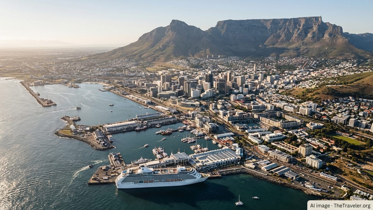 Aerial view of Cape Town with Table Mountain, harbor, and busy waterfront on a clear day.