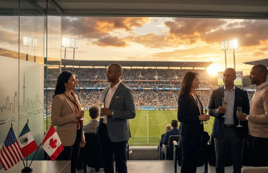 Well-dressed people in a hospitality suite with a soccer match in the background.
