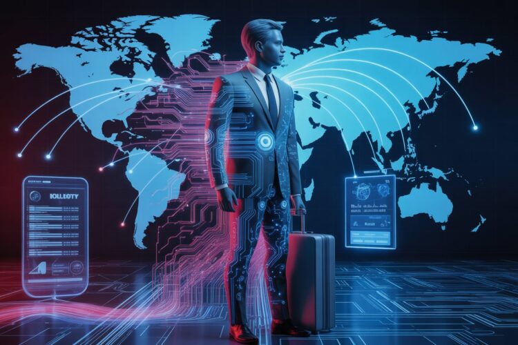 Dynamic composite image: global business traveller silhouette blended with digital ai circuitry, world map flight paths glowing in background, central holographic travel dashboard interface, bold vibrant blues and reds, high contrast lighting, ultra-realistic detail, impactful editorial magazine cover aesthetic