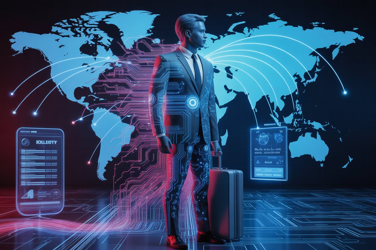 Dynamic composite image: global business traveller silhouette blended with digital ai circuitry, world map flight paths glowing in background, central holographic travel dashboard interface, bold vibrant blues and reds, high contrast lighting, ultra-realistic detail, impactful editorial magazine cover aesthetic
